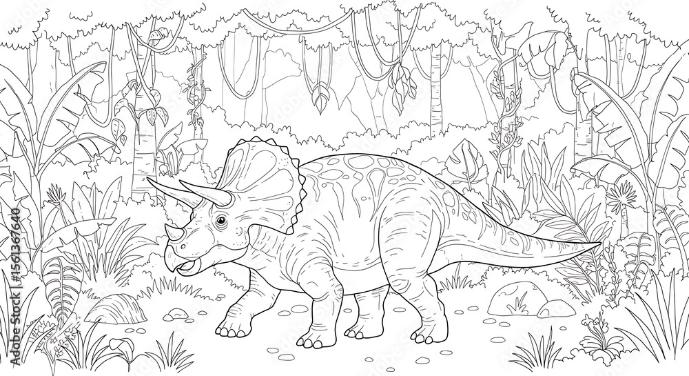 Obraz premium Jurassic Dinosaurus Tyrex in the jungle coloring page for kids A4 F4 Drawing book black and white background