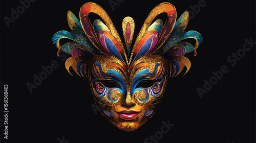 Elegant Carnival Mask with Gold Ornament Isolated on Flat Background