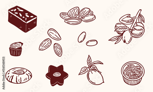 almond elements sketch hand drawn illustration - vector doodle collection set