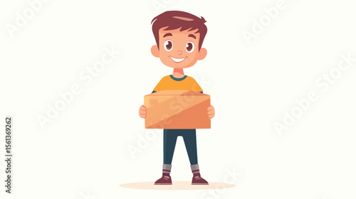 Cute Cartoon Boy Carrying Donation Box - Flat Vector Illustration