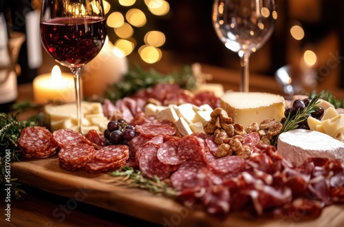 Close-up of premium cheese and charcuterie board with wine pairing