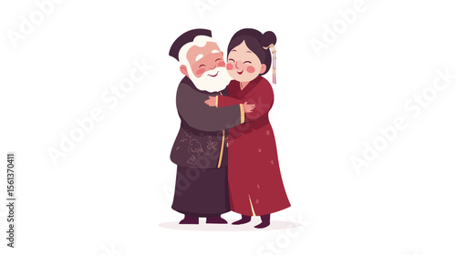 Affectionate Cartoon Chinese Old Couple Hugging in Flat Vector Style