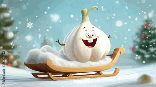 Whimsical Christmas Garlic Riding Sleigh in Winter Wonderland