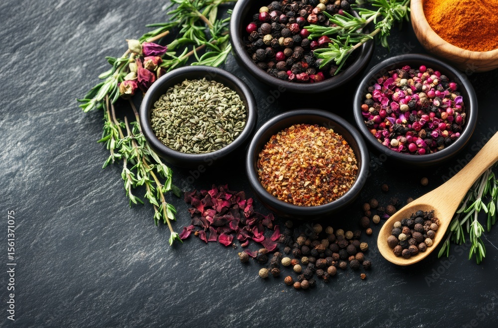 Composition of colorful ground spices and dried herbs on dark stone Composition of colorful ground spices and dried herbs on dark stone