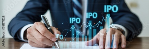 Businessperson signing documents with an ipo overlay.