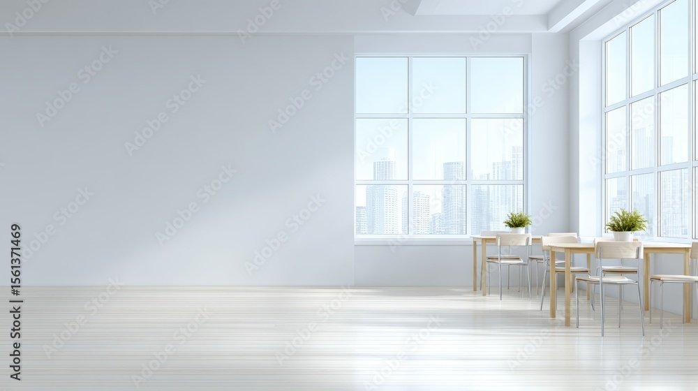 Fototapeta premium Bright and spacious modern interior with large windows, wooden flooring, and minimalist furniture, featuring a serene atmosphere ideal for creative work or relaxation with ample natural light