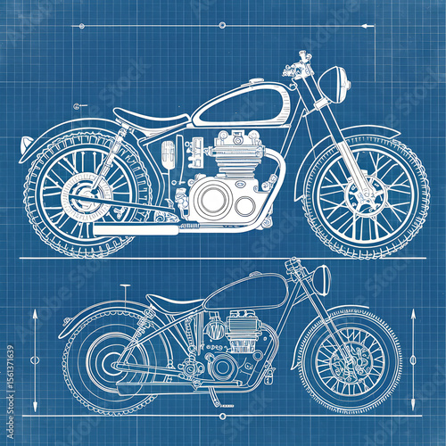 Motorcycle technical blueprint, clean white ink lines on a deep blue background, showcasing precise mechanical details and a classic engineering layout.