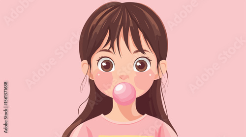 Cute Cartoon Girl Chewing Gum Flat Vector Illustration