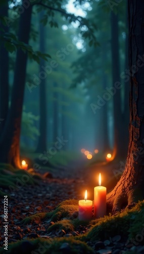 Burning candles illuminate enchanted forest, Samhain scene , purple, mystical, autumn
