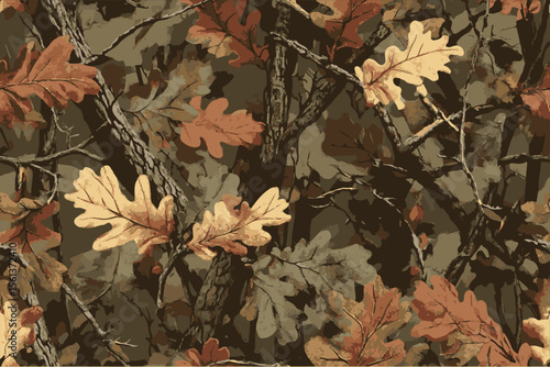 A seamless pattern of camouflage with oak leaves.Realistic forest camouflage. Seamless pattern. Conifer tree, branches and leaves. Useable for hunting and military purposes. Vector Illustration.