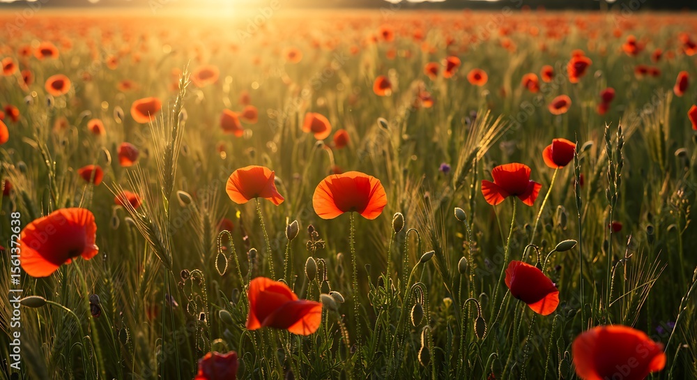 Fototapeta premium Poppy Field at Sunset