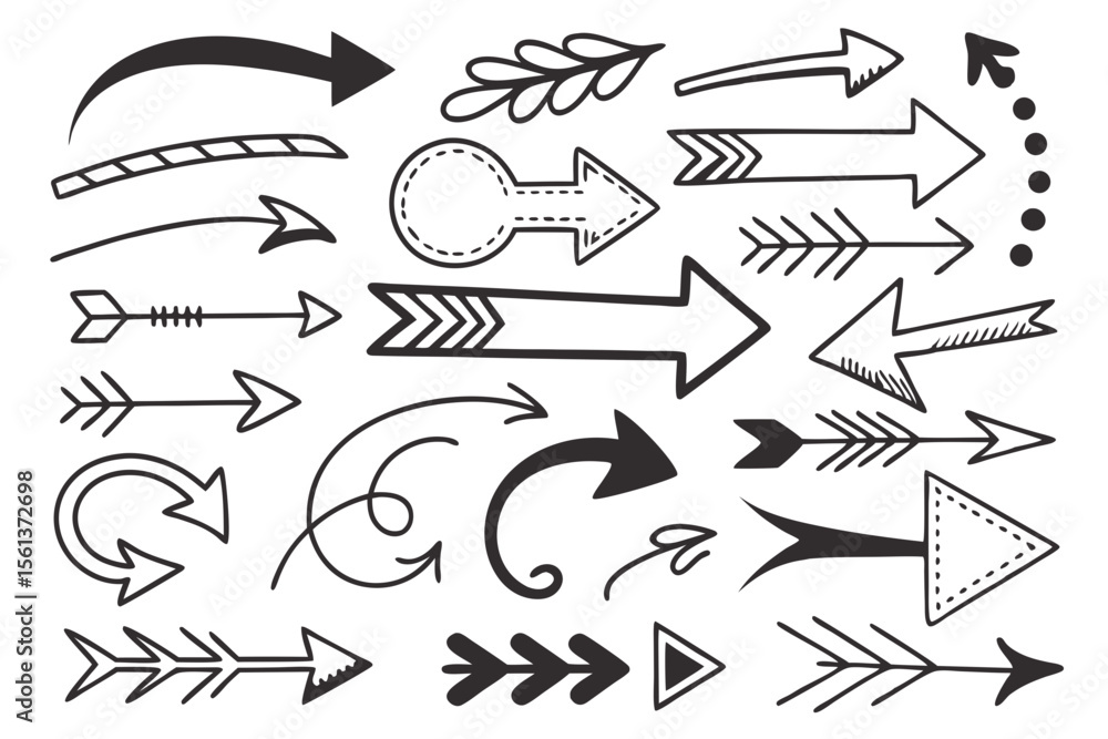 Sketchy Hand-Drawn Arrows Set Featuring Swirled and Circular Vector Designs in Black for Infographic Charts, UI Navigation Templates, and Creative Presentation Graphics.


