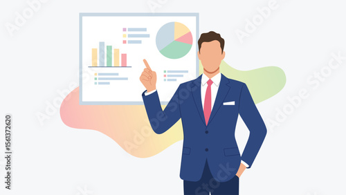 Businessman presenting data and charts – vector illustration