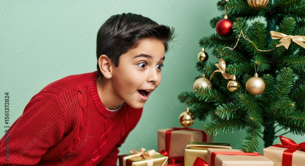 Excited young boy in red sweater discovering presents under decorated christmas tree with festive ornaments Excited young boy in red sweater discovering presents under decorated christmas tree with festive ornaments