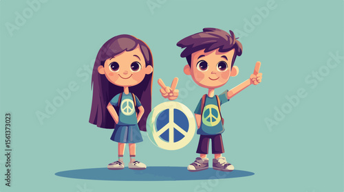 Joyful Cartoon Kids Posing with Peace Sign Flat Vector Illustration