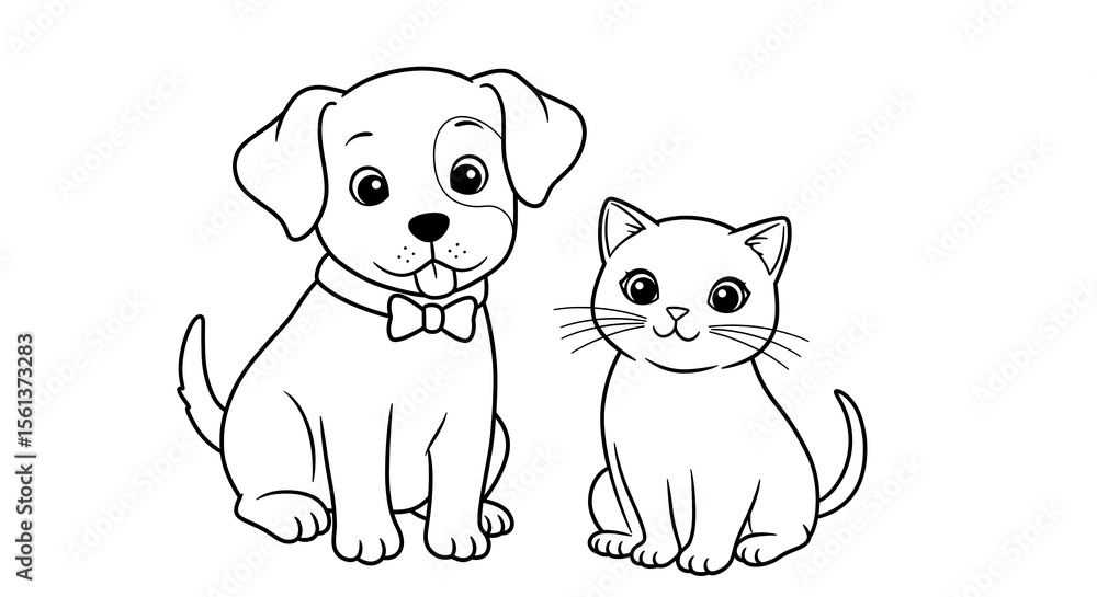 Fototapeta premium Cat and Dog coloring page for kids A4 F4 Drawing book black and white background