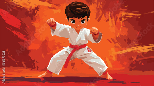 Cartoon Little Boy Practicing Karate - Flat Vector Illustration