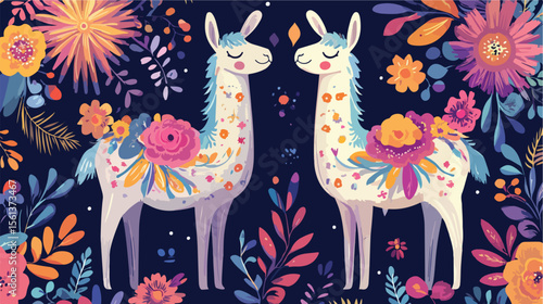 Cheerful Cartoon Llamas with Vibrant Floral Patterns Vector Illustration