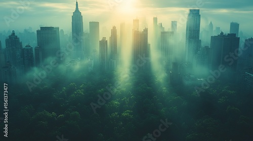 Aerial view of New York City skyline and Central Park shrouded in morning fog