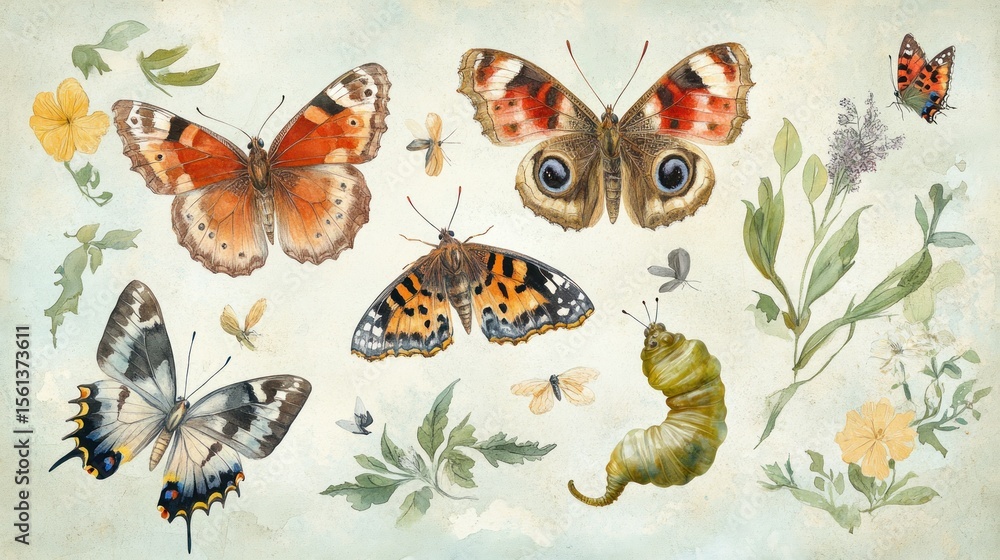 Obraz premium Watercolor butterflies, flowers, and insects