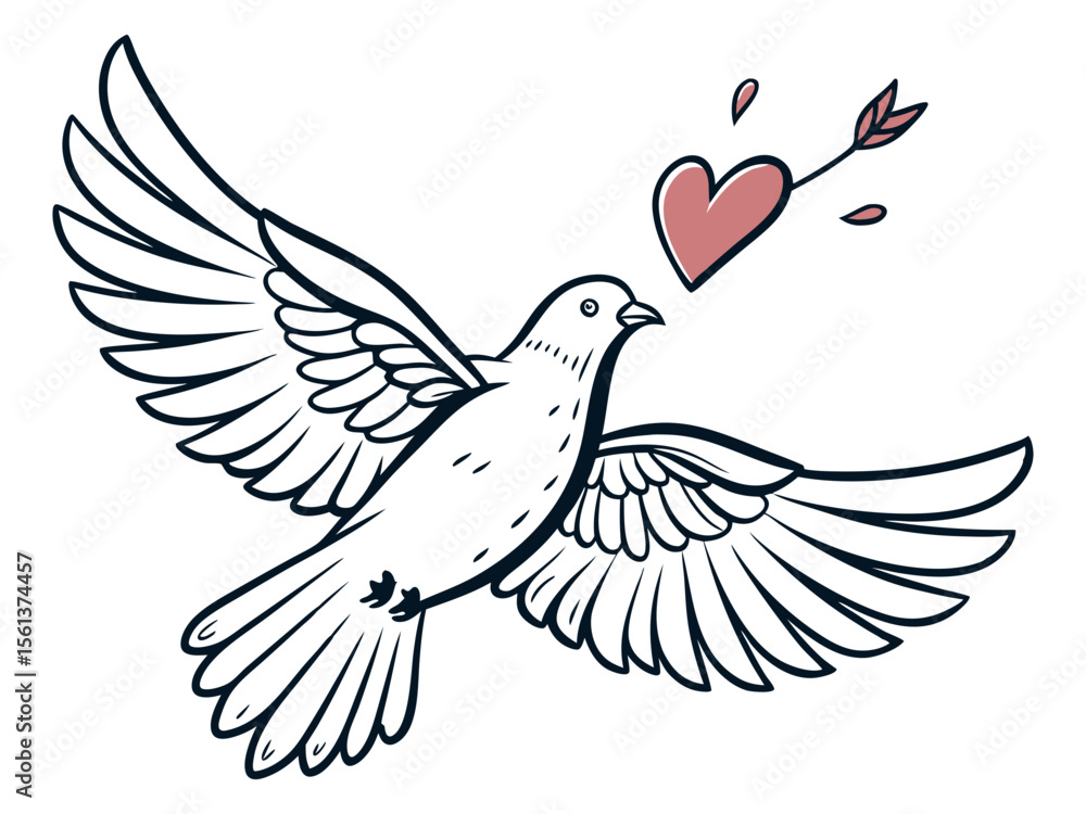 Fototapeta premium Flying Dove with Heart Symbol on White Background for Love and Peace Art