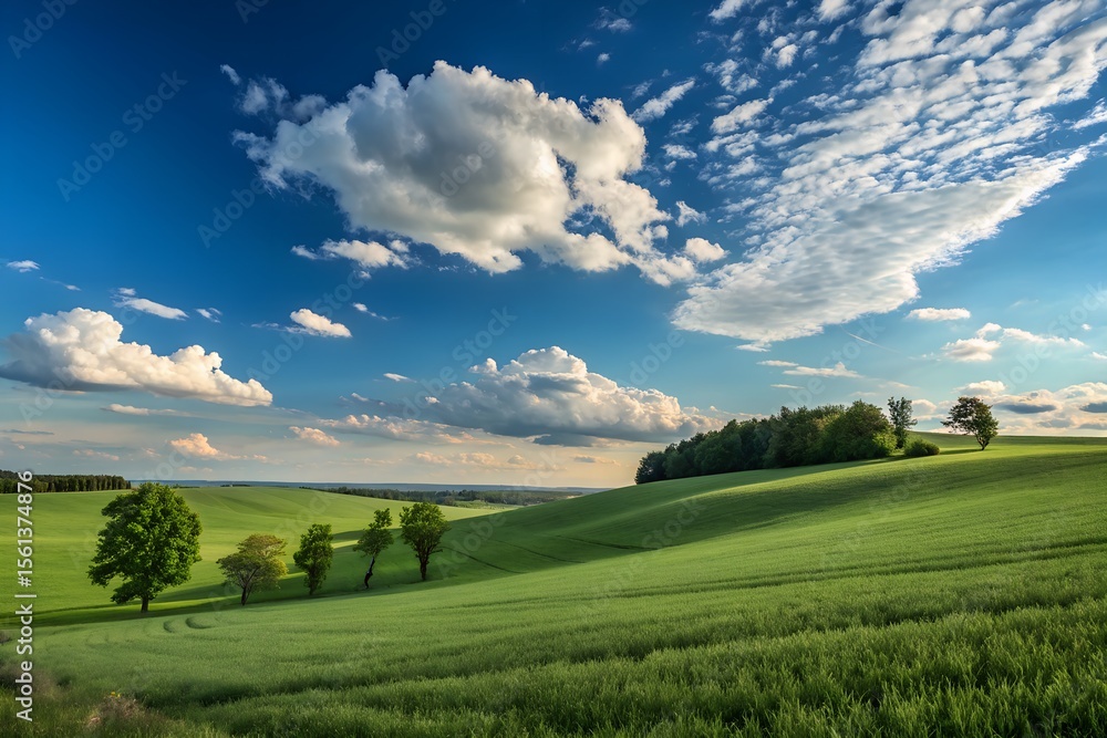 Naklejka premium Green grass with Serene Horizon with Cloud Textures