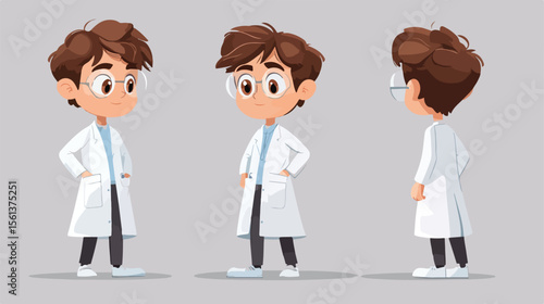 Young Cartoon Scientist Boy in Lab Coat Flat Design Vector Illustration