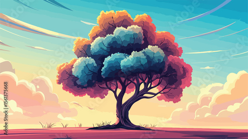 Whimsical Cartoon Tree Flat Vector Illustration
