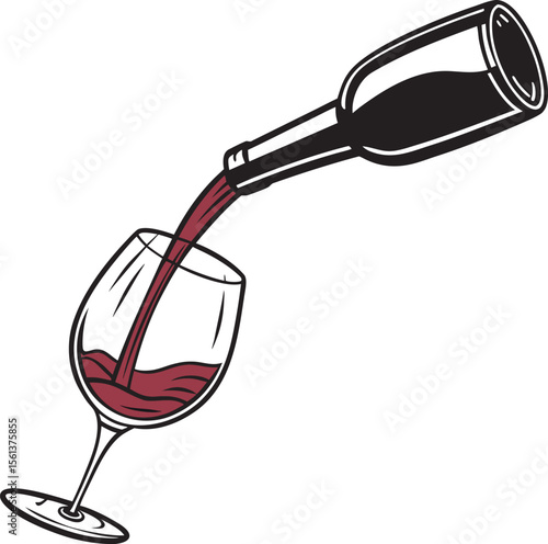 Vector art of red wine is being poured from a bottle into a glass isolated on white background