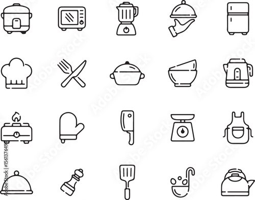 Kitchen Equipment Outline Icons – Chef Hat, Stove, Utensils, and Frying Pan in Flat Line Style for Cooking and Restaurant Graphics