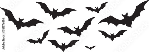 Flying Bat Silhouette Vector Pack – Black Halloween-Themed Bats in Various Poses for Spooky, Horror, and Night Design Concepts