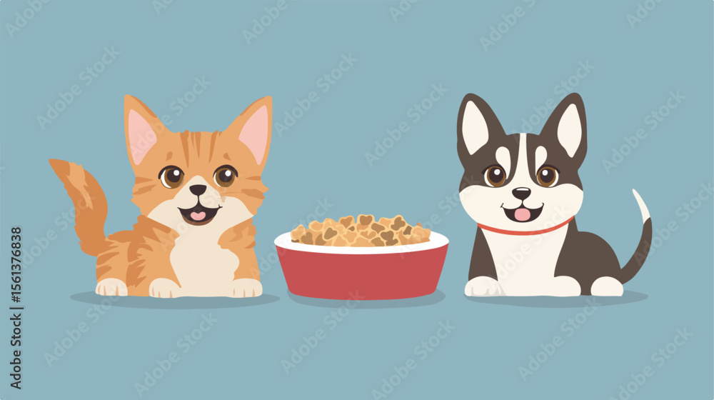 Obraz premium Cat and Dog with Food for Animals Vector Illustration