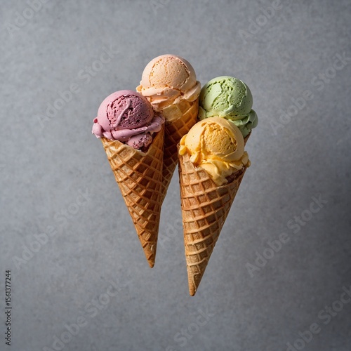 assortment of colorful and delicious soft serve ice cream cones with sweet toppings
