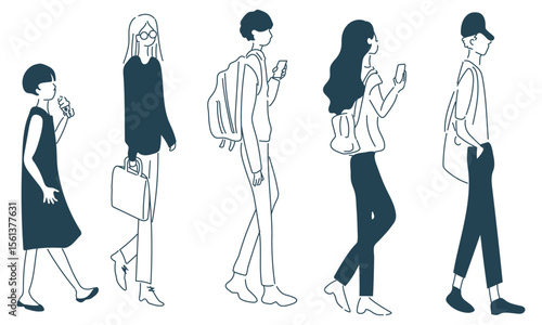 カジュアルな服装の通行人の線画イラスト（線と塗り以外は透過性です）