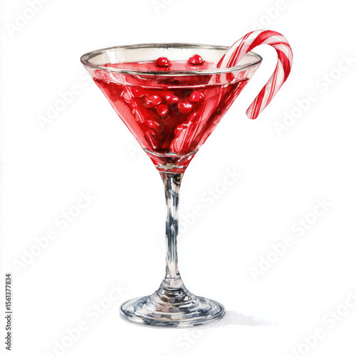 Watercolor Illustration of a Festive Red Cocktail , white background cut out PNG