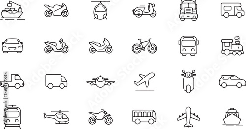 Delivery and Courier Line Icons – Scooter, Drone, Cycle, Van, Truck for Fast Shipping, Logistics Apps, and E-Commerce Services