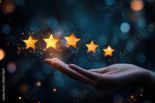 A hand holding a cluster of stars. The stars are glowing and appear to be floating in the air. Hand showcasing digital customer reviews with star ratings and avatars on a dark blurred background.