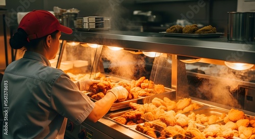 A worker in a red cap carefully arranges fried chicken pieces in a heated display case within a commercial kitchen.