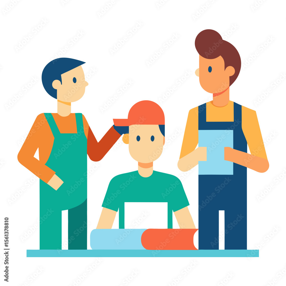 Fototapeta premium Two construction workers teaching a young apprentice on a job site