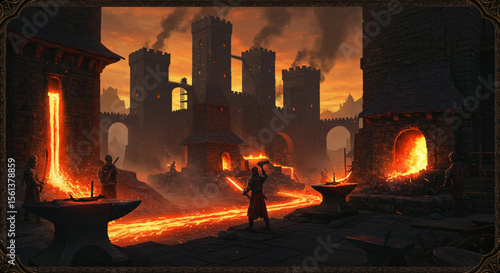 Fiery Forge Medieval Industrial Cityscape at Dusk