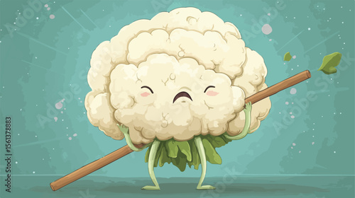 Sick Cartoon Cauliflower Head with Limping Stick Character