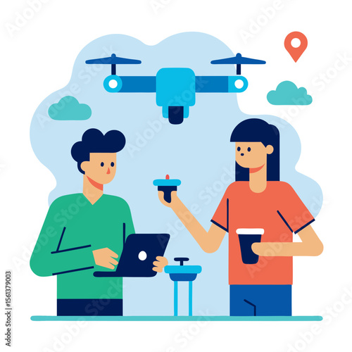 Two people operating a drone with a laptop and controller for aerial photography