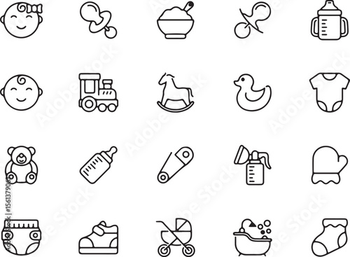 Baby Care Essentials Line Icon Set – Infant, Nursery, Safety, Milk Bottle, Pacifier, Diaper, Hygiene, Stroller, Parenting, Toddler, Newborn