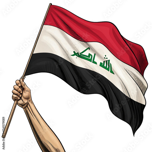 Iraq flag held high in transparent PNG with bold red and black tones showing national strength and pride