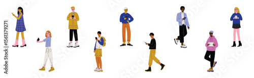 Young Man and Woman with Smartphone Gadget Vector Set