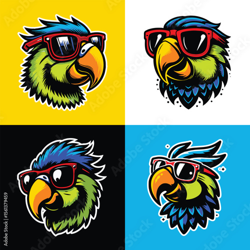 Set of cool cartoon parrot heads in sunglasses. Colorful tropical bird characters with funny expressions, isolated on different backgrounds. Perfect for stickers, t-shirts, mascot logos, or summer-the