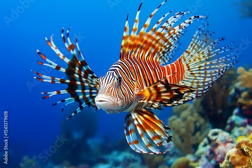 Vibrant lionfish swimming in coral reef tropical ocean underwater photography colorful environment close-up view marine life exploration