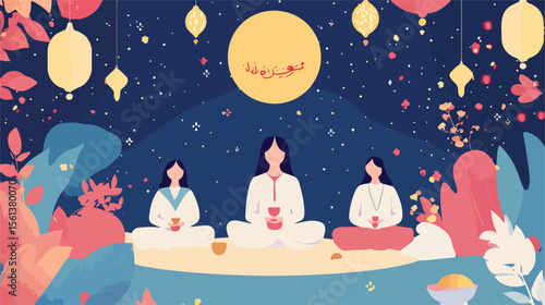 Islamic New Year Celebration with Woman in Flat Vector Style