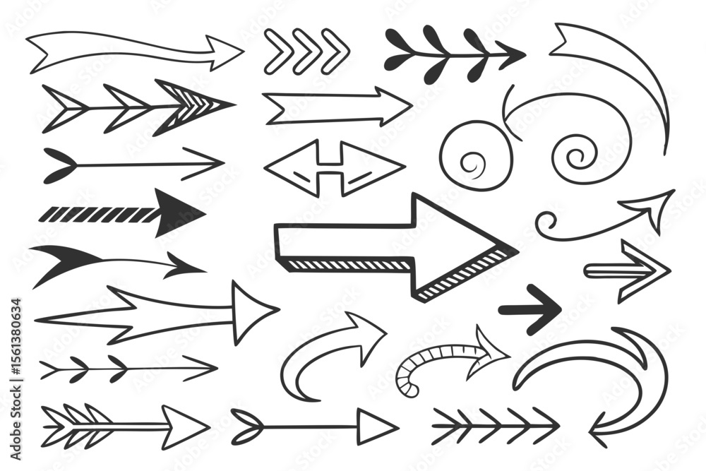 Fototapeta premium Hand-Drawn Arrow Set in Vector Sketch Style Featuring Swirled, Zigzag, and Circular Icons in Black for UI Navigation Projects, Infographics, and Web Presentations.
