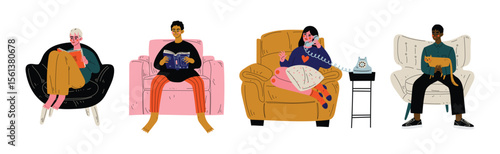 People Sit in Armchair at Home Doing Different Activity Vector Set